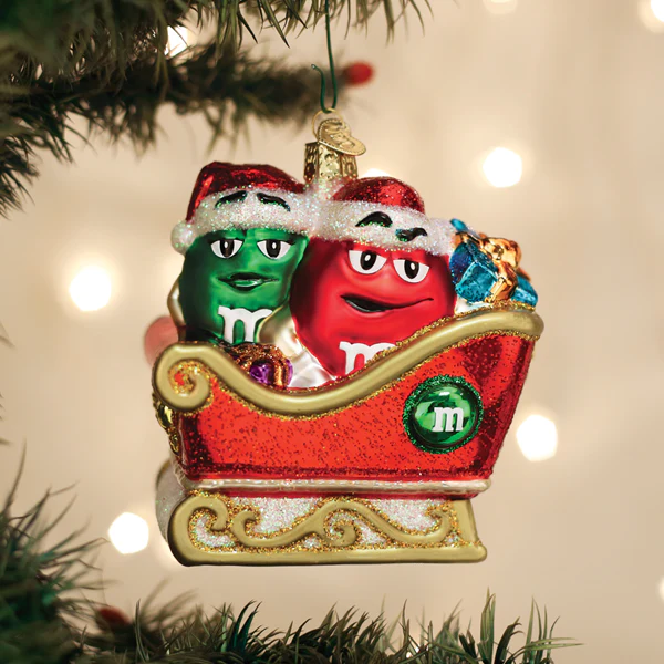 Old World Christmas: Red and Green M&M's in Sleigh Hanging Ornament sparkle-castle