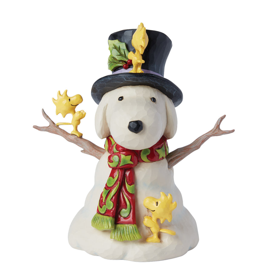 Jim Shore Peanuts: Woodstocks Building A Snoopy Snowman Figurine sparkle-castle