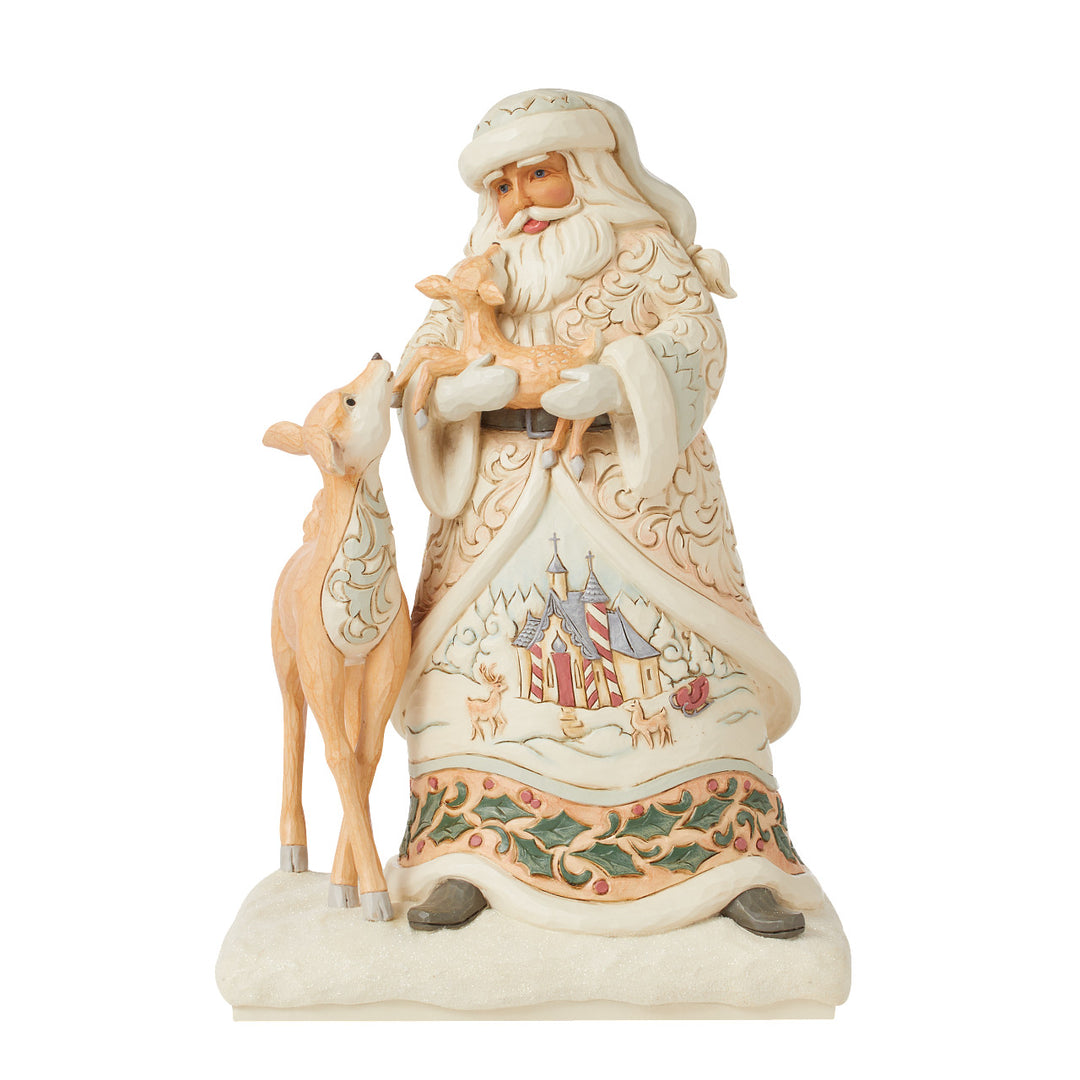 Jim Shore Heartwood Creek: White Woodland Santa Holding Fawn Figurine sparkle-castle