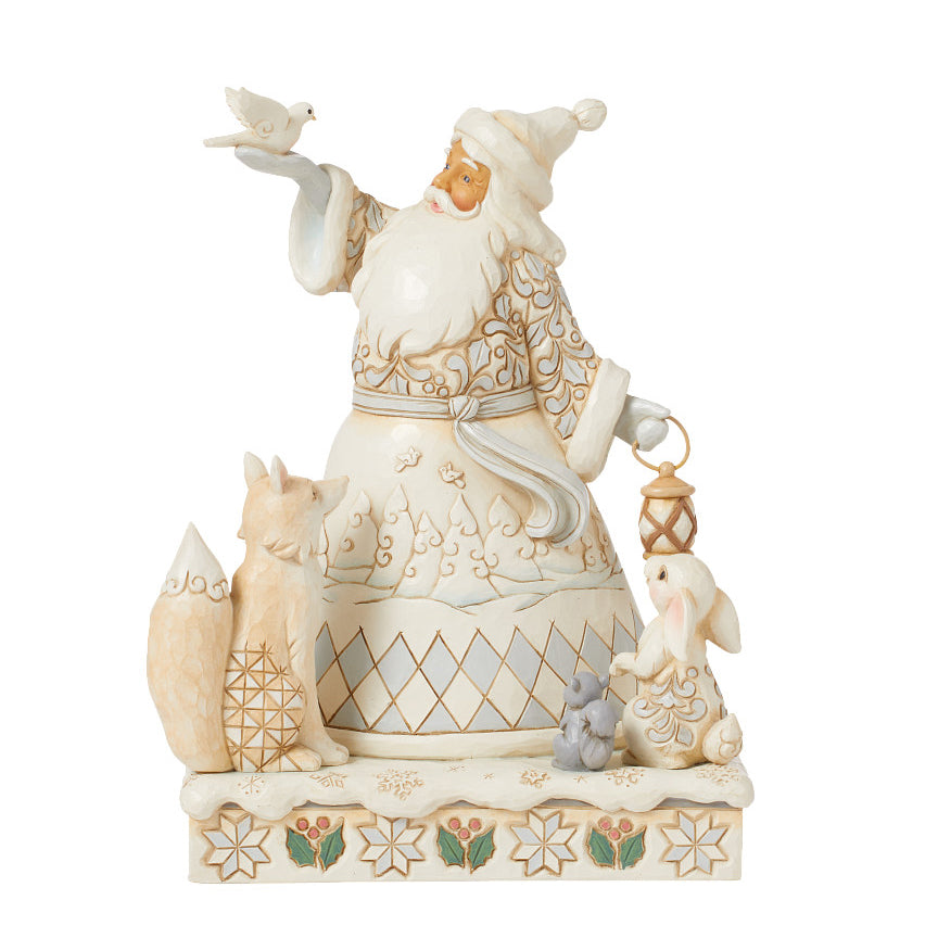 Jim Shore Heartwood Creek: White Woodland Santa Holding Dove and Lantern Figurine sparkle-castle