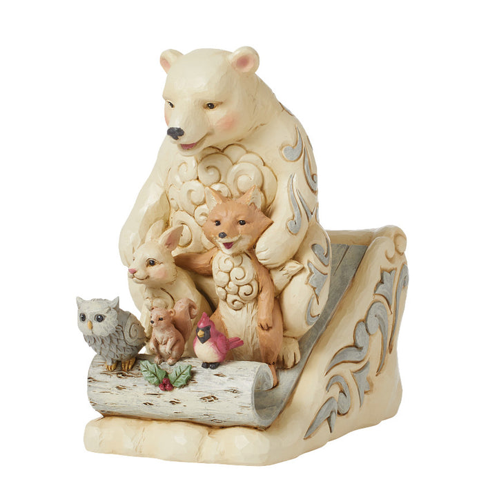 Jim Shore Heartwood Creek: White Woodland Animals On Birchbark Toboggan Figurine - SIGNED sparkle-castle