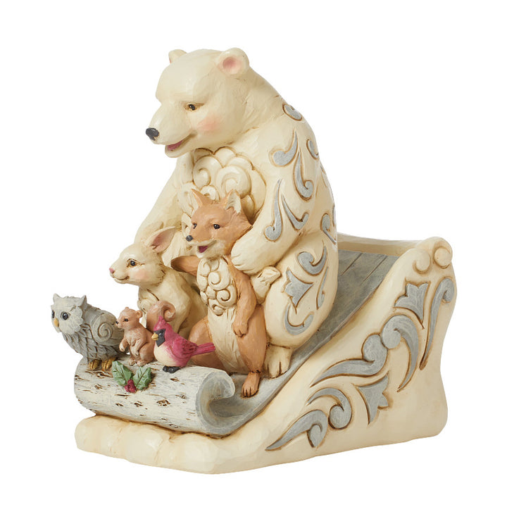 Jim Shore Heartwood Creek: White Woodland Animals On Birchbark Toboggan Figurine - SIGNED sparkle-castle