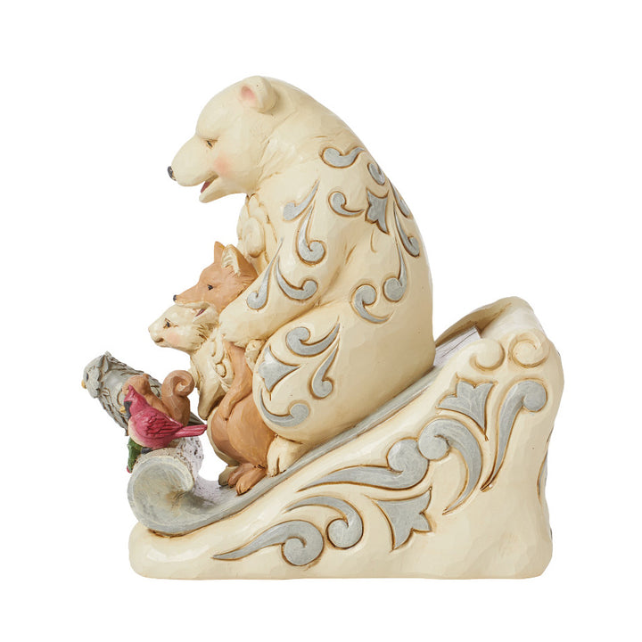 Jim Shore Heartwood Creek: White Woodland Animals On Birchbark Toboggan Figurine - SIGNED sparkle-castle