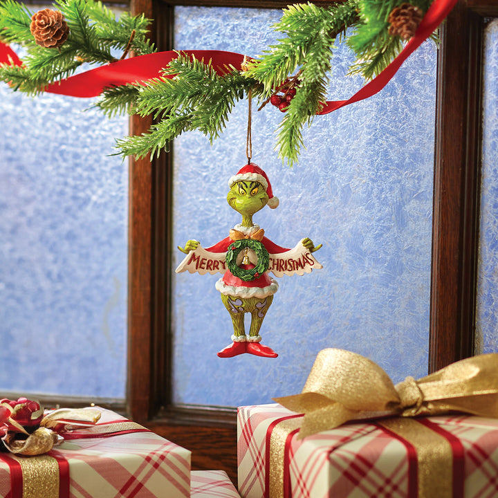 Jim Shore The Grinch: Grinch Holding Merry Christmas Banner Hanging Ornament sparkle-castle