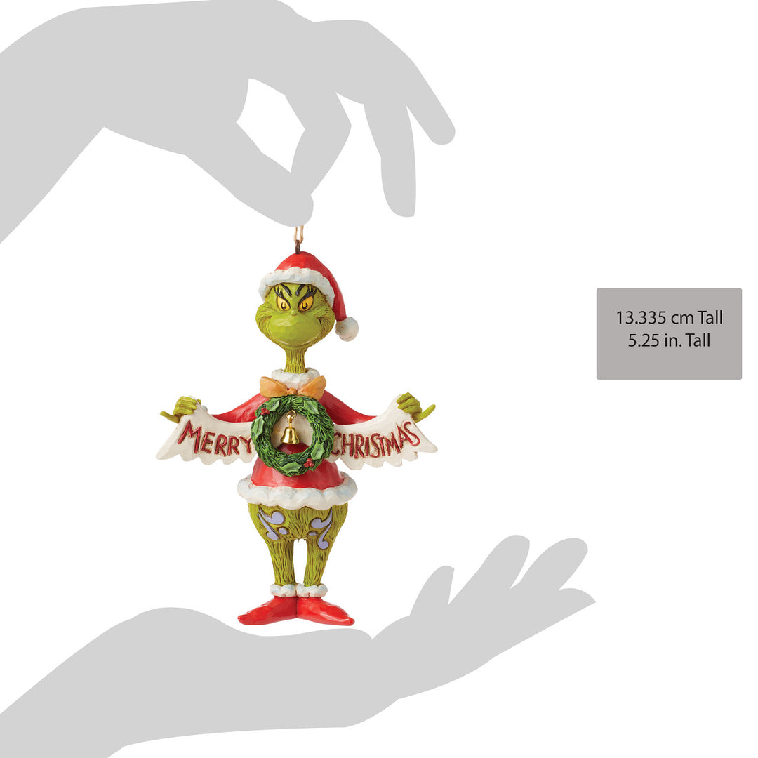 Jim Shore The Grinch: Grinch Holding Merry Christmas Banner Hanging Ornament sparkle-castle