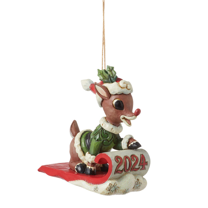 Jim Shore Rudolph Traditions: Dated 2024 Rudolph On Sled Hanging Ornament sparkle-castle