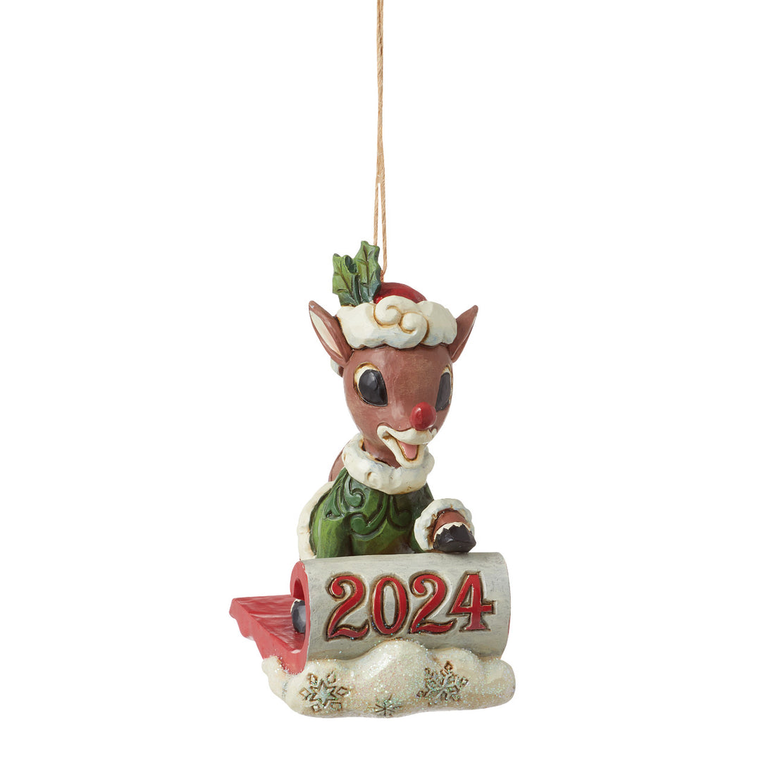 Jim Shore Rudolph Traditions: Dated 2024 Rudolph On Sled Hanging Ornament sparkle-castle