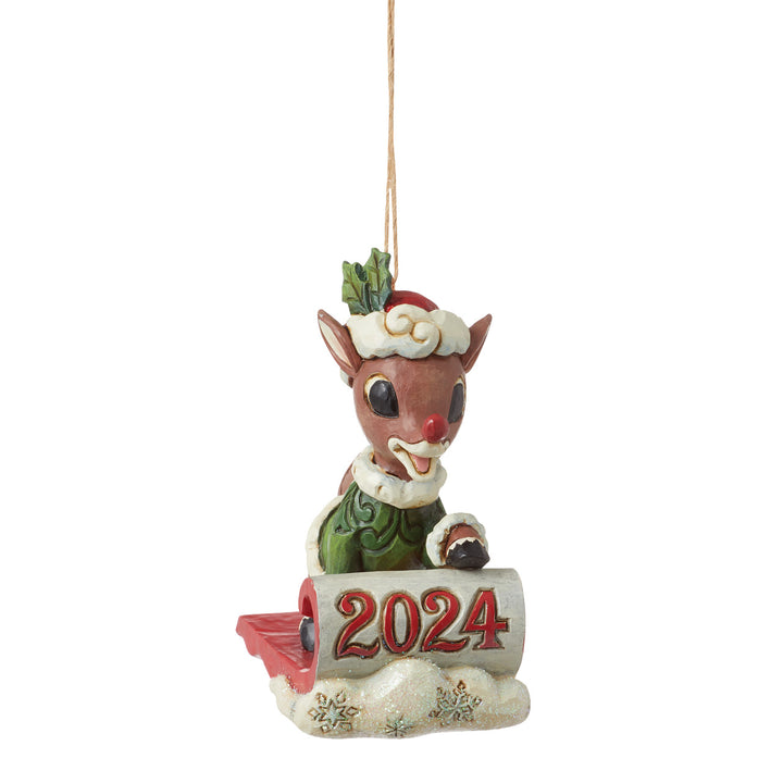 Jim Shore Rudolph Traditions: Dated 2024 Rudolph On Sled Hanging Ornament sparkle-castle