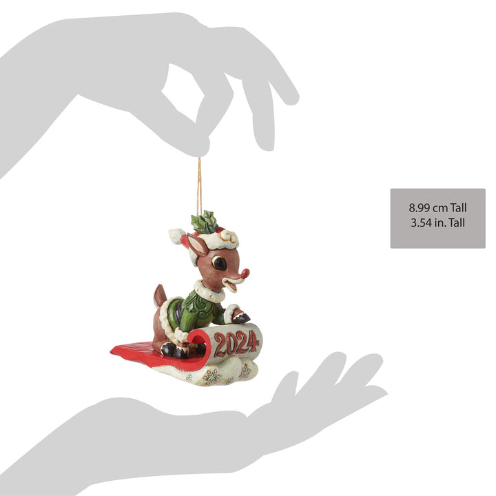 Jim Shore Rudolph Traditions: Dated 2024 Rudolph On Sled Hanging Ornament sparkle-castle