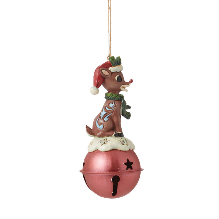 Jim Shore Rudolph Traditions: Rudolph Standing On Large Bell Ornament sparkle-castle