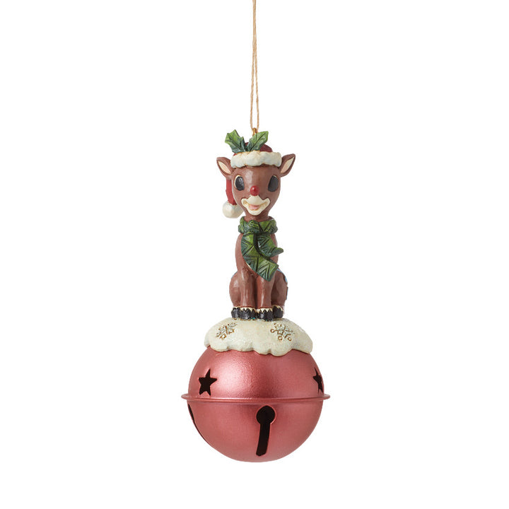 Jim Shore Rudolph Traditions: Rudolph Standing On Large Bell Ornament sparkle-castle