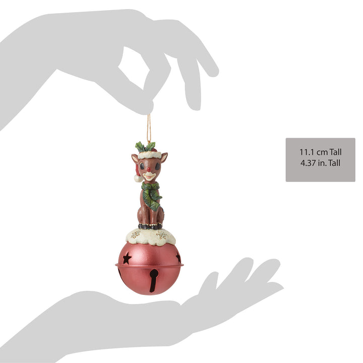 Jim Shore Rudolph Traditions: Rudolph Standing On Large Bell Ornament sparkle-castle