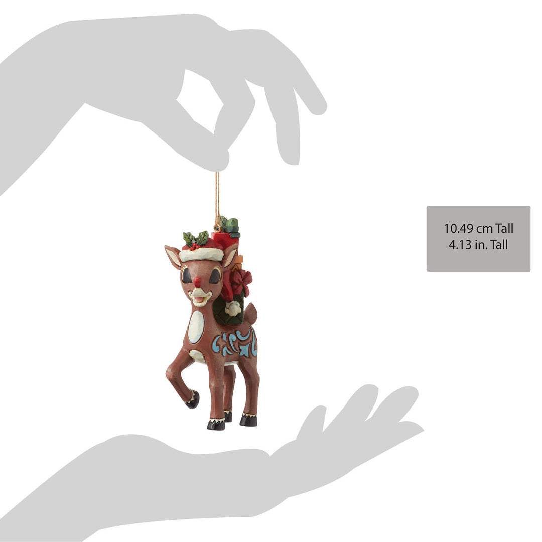 Jim Shore Rudolph Traditions: Rudolph With Stacked Presents On His Back Hanging Ornament sparkle-castle