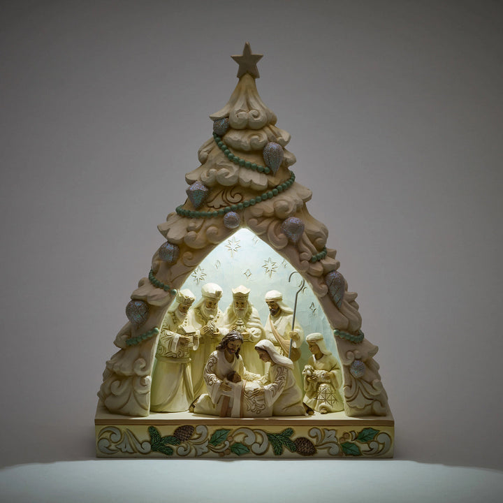 Jim Shore Heartwood Creek: White Woodland Nativity In Tree Diorama Figurine sparkle-castle