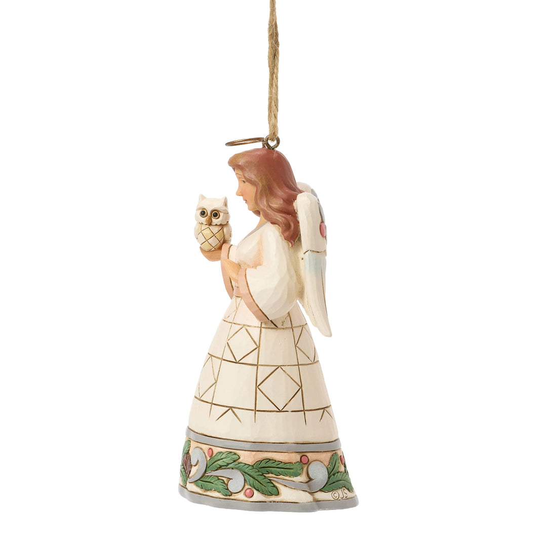 Jim Shore Heartwood Creek: White Woodland Angel Holding Owl Hanging Ornament sparkle-castle