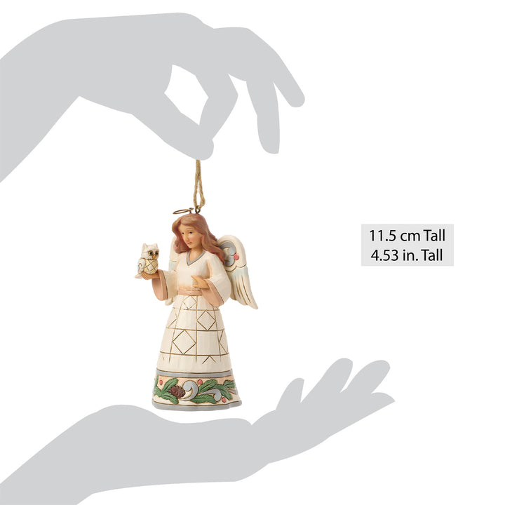Jim Shore Heartwood Creek: White Woodland Angel Holding Owl Hanging Ornament sparkle-castle