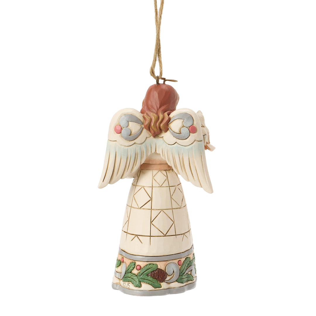 Jim Shore Heartwood Creek: White Woodland Angel Holding Owl Hanging Ornament sparkle-castle