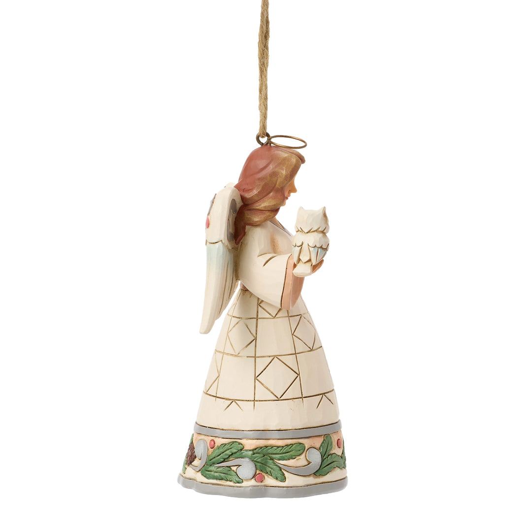 Jim Shore Heartwood Creek: White Woodland Angel Holding Owl Hanging Ornament sparkle-castle