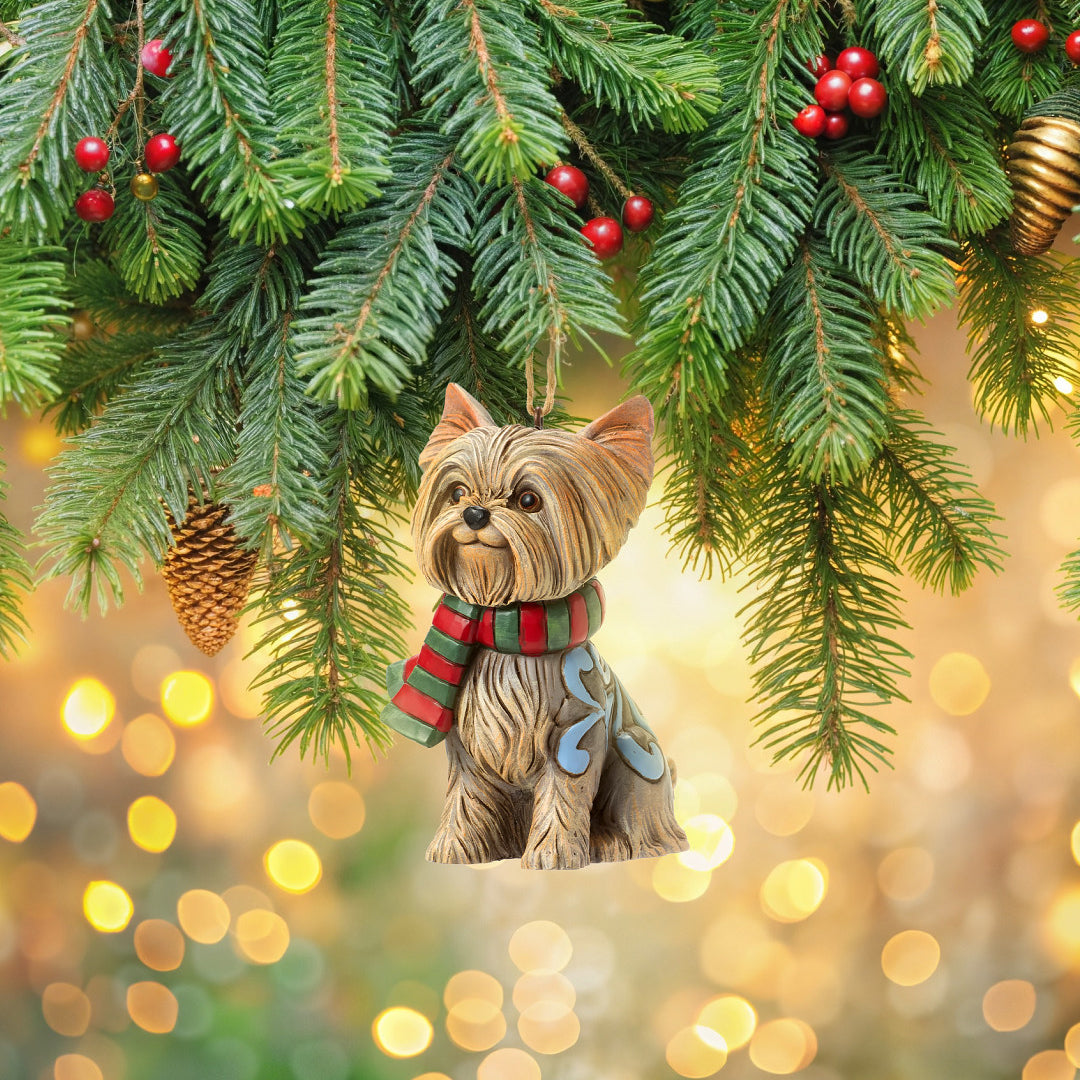 Jim Shore Heartwood Creek: Christmas Dog Yorkie Hanging Ornament sparkle-castle