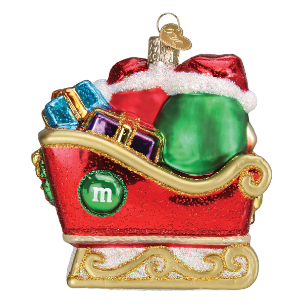 Old World Christmas: Red and Green M&M's in Sleigh Hanging Ornament sparkle-castle