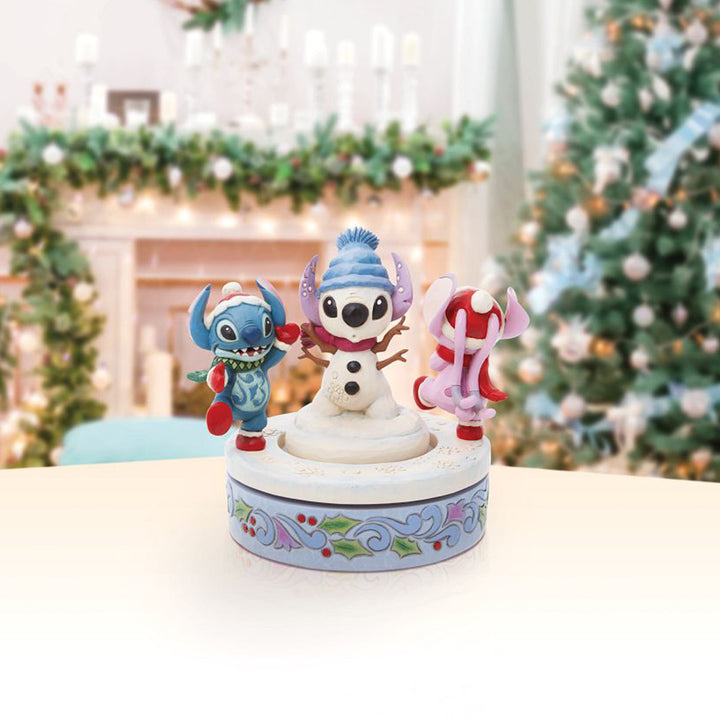 Jim Shore Disney Traditions: Stitch & Angel with Snowman Rotator Figurine sparkle-castle