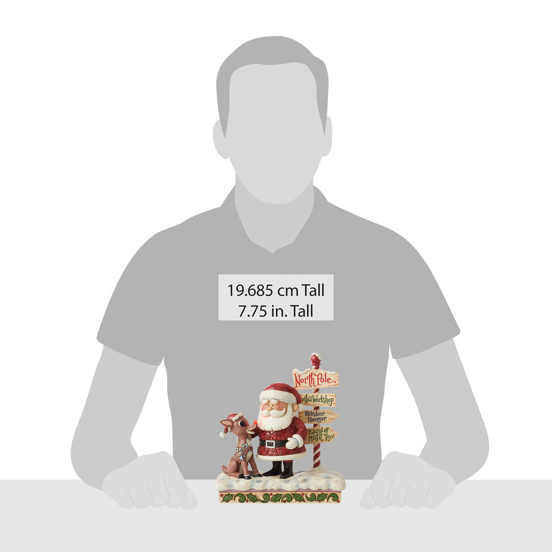 Jim Shore Rudolph Traditions: Rudolph and Santa Next to Sign Figurine sparkle-castle