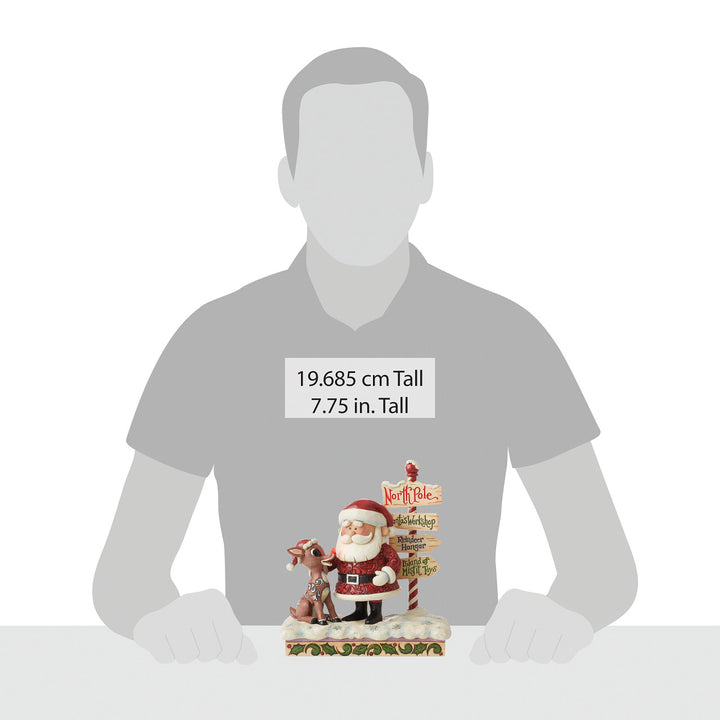 Jim Shore Rudolph Traditions: Rudolph and Santa Next to Sign Figurine sparkle-castle