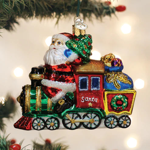 Old World Christmas: Santa On Locomotive Hanging Ornament sparkle-castle