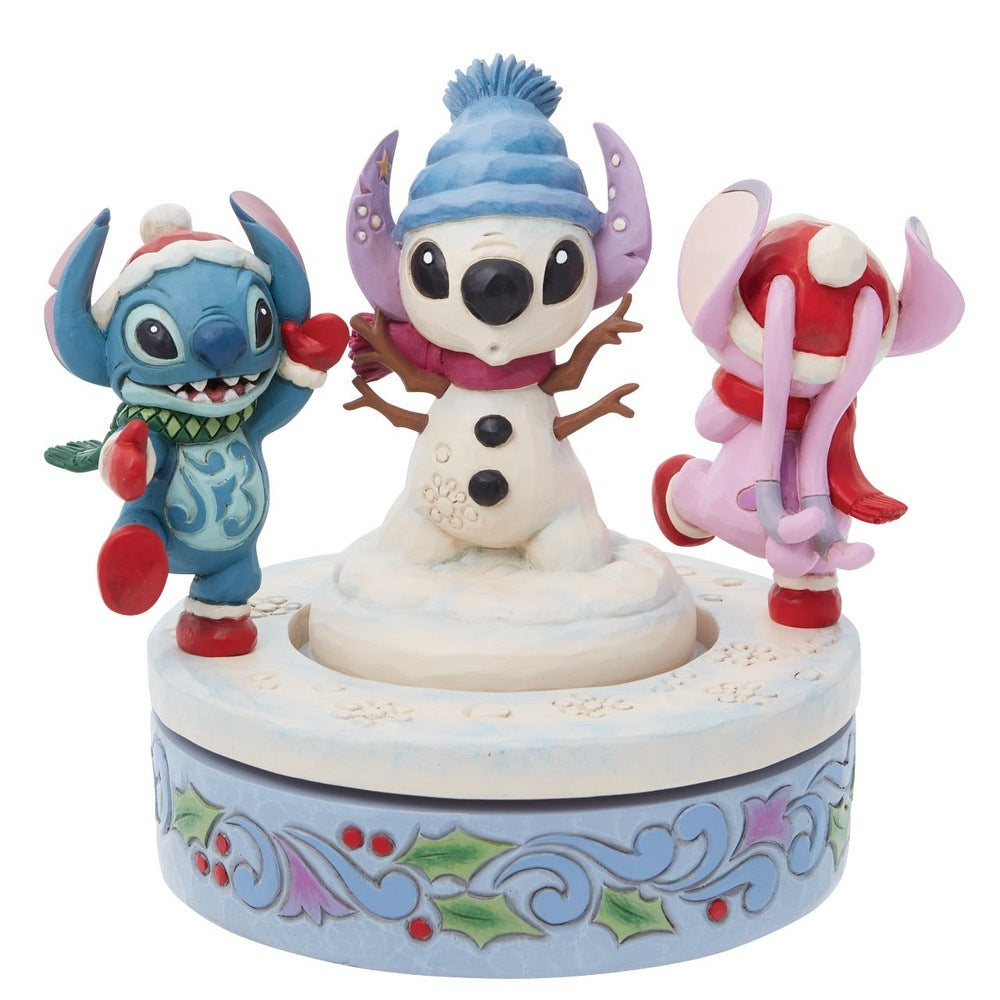 Jim Shore Disney Traditions: Stitch & Angel with Snowman Rotator Figurine sparkle-castle