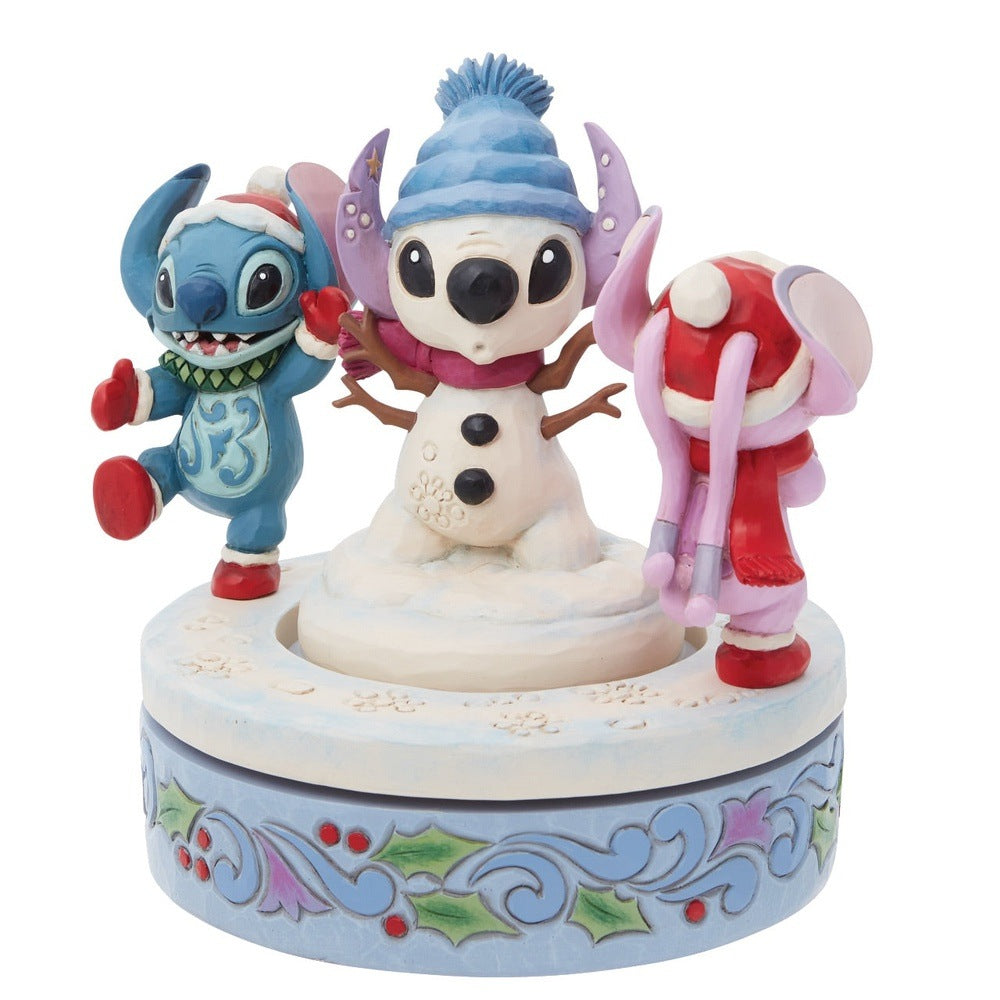 Jim Shore Disney Traditions: Stitch & Angel with Snowman Rotator Figurine sparkle-castle