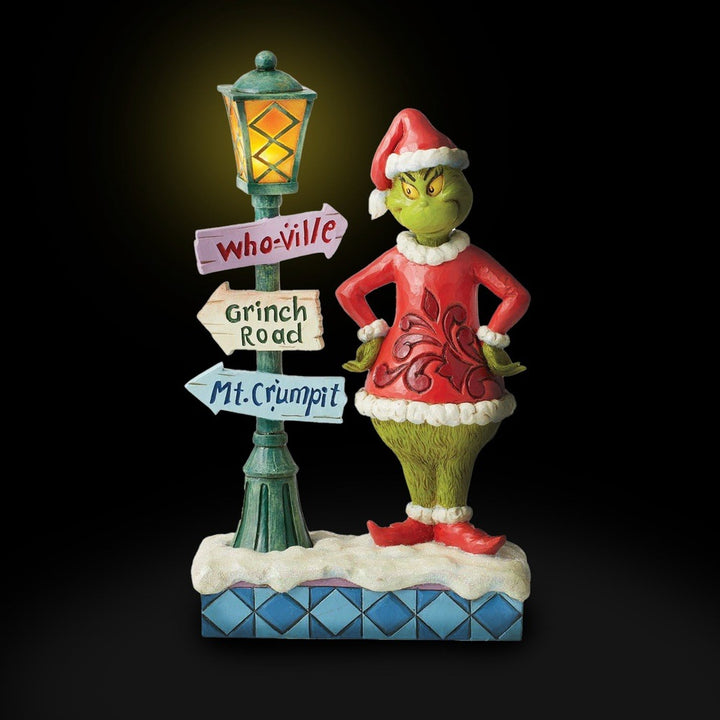 Jim Shore The Grinch: Grinch with Lit Lamppost and Street Sign Figurine sparkle-castle