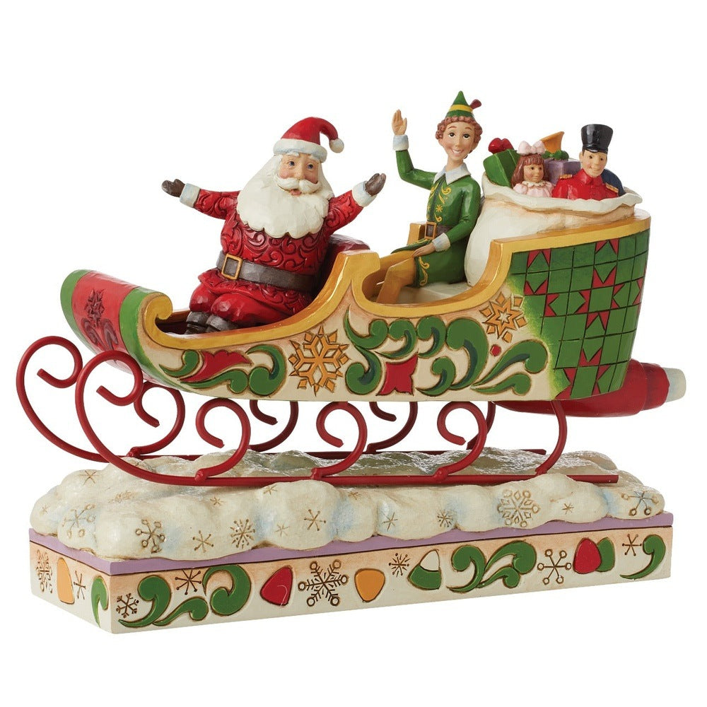Jim Shore Elf: Buddy Elf with Santa in Sleigh Figurine sparkle-castle