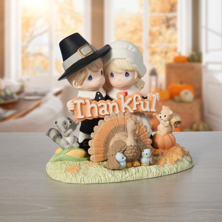 Precious Moments: Pilgrim Couple Holding Thankful Sign Limited Edition Figurine sparkle-castle
