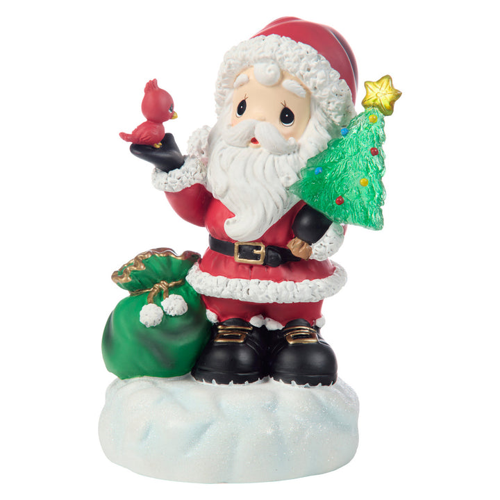 Precious Moments: Santa Holding Cardinal and Lit Christmas Tree Figurine sparkle-castle
