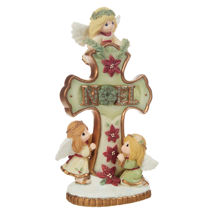 Precious Moments: Trio of Angels Around Cross Covered In Poinsettias Figurine sparkle-castle