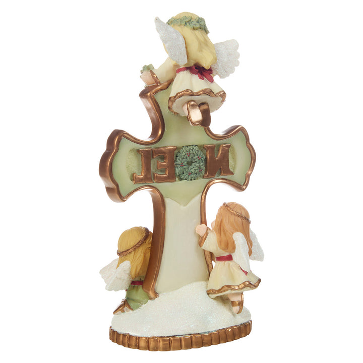 Precious Moments: Trio of Angels Around Cross Covered In Poinsettias Figurine sparkle-castle