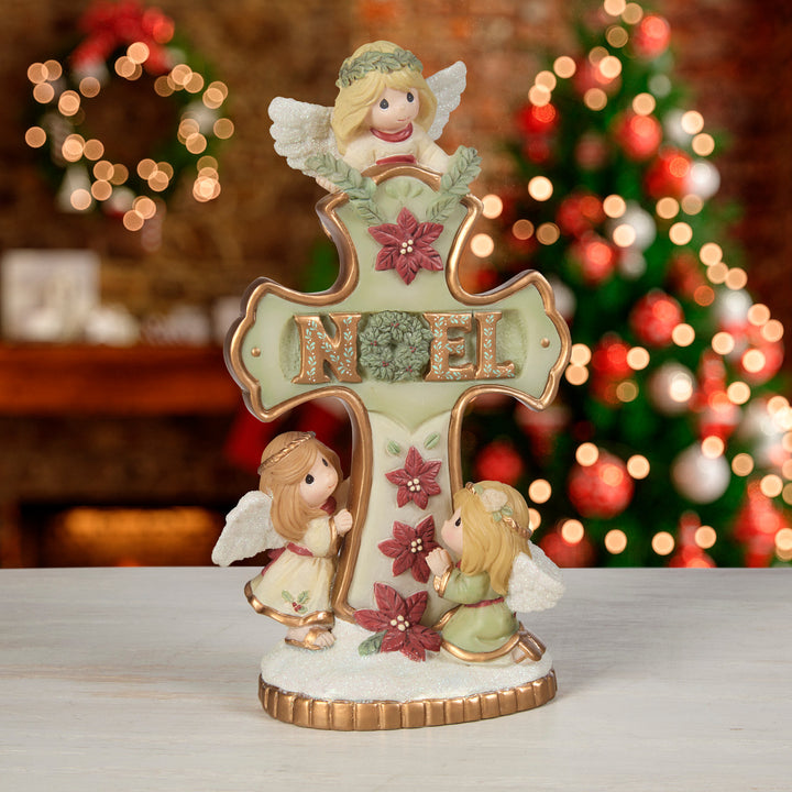 Precious Moments: Trio of Angels Around Cross Covered In Poinsettias Figurine sparkle-castle
