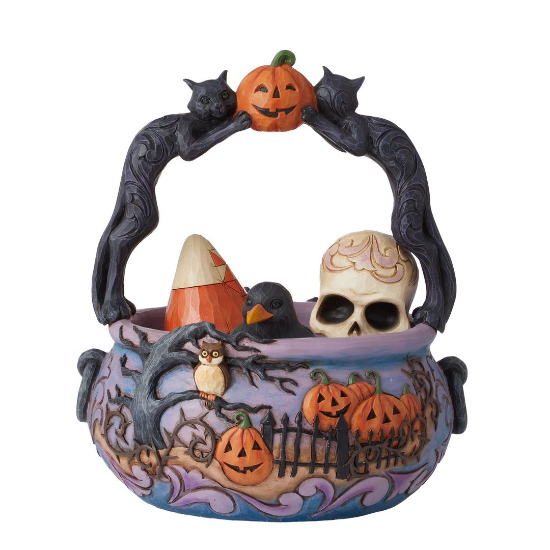 Jim Shore Heartwood Creek: Black Cat Halloween Basket with Minis Figurine, Set of 4 sparkle-castle