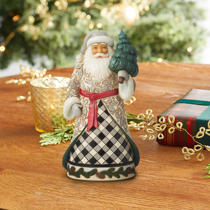 Jim Shore Heartwood Creek: Santa In Black & White Plaid Coat Figurine sparkle-castle