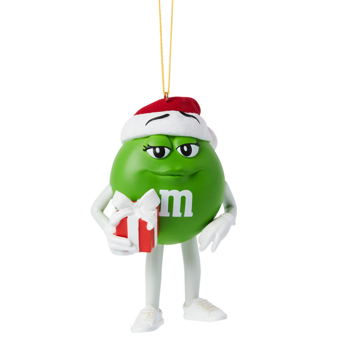 Studio Brands: Green M&M Holding A Gift Hanging Ornament sparkle-castle