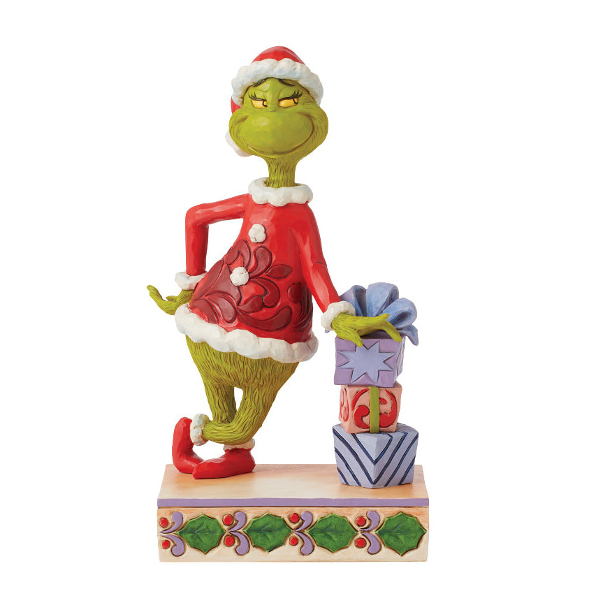 Grinch Collection Jim Shore The Grinch: Grinch Leaning On Presents Figurine – Sparkle Castle
