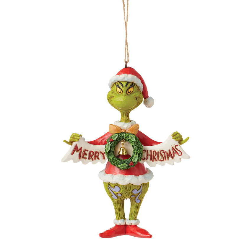 Jim Shore The Grinch: Grinch Holding Merry Christmas Banner Hanging Ornament sparkle-castle