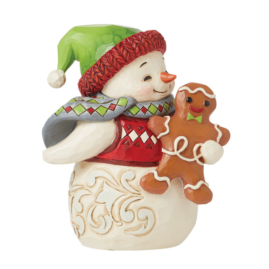 Jim Shore Heartwood Creek: Snowman Holding Gingerbread Man Mini Figurine sparkle-castle
