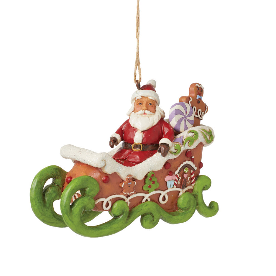 Jim Shore Heartwood Creek: Gingerbread Christmas Santa in Sleigh Hanging Ornament sparkle-castle
