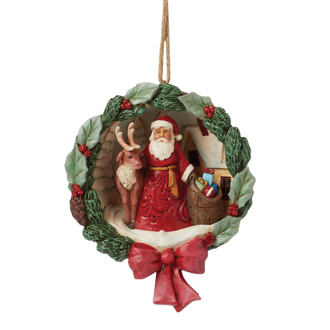 Jim Shore Heartwood Creek: Wreath Santa and Deer Hanging Ornament sparkle-castle