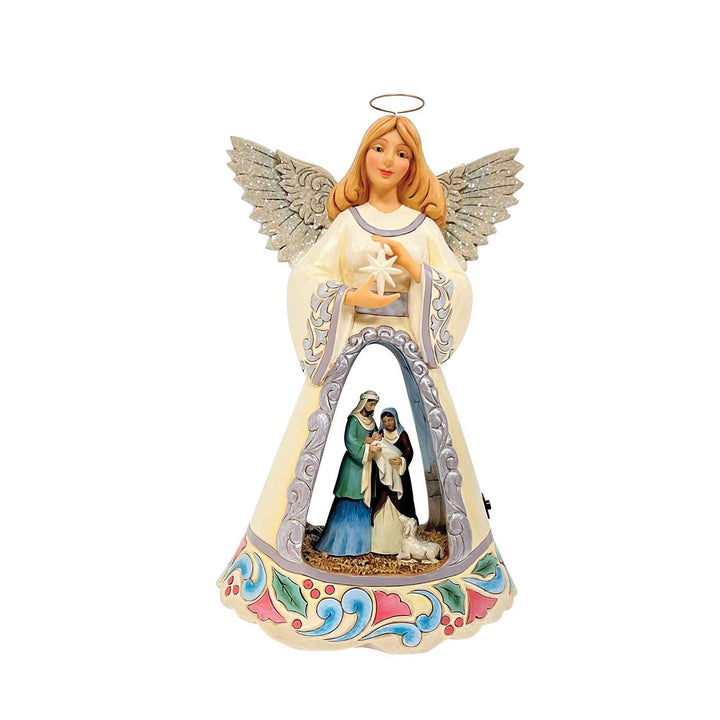 Jim Shore Heartwood Creek: White Woodland LED Open Scene Nativity Angel Figurine sparkle-castle