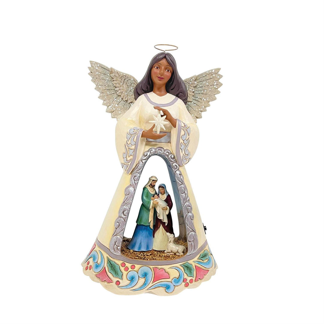 Jim Shore Heartwood Creek: White Woodland LED Open Scene Nativity Angel Figurine