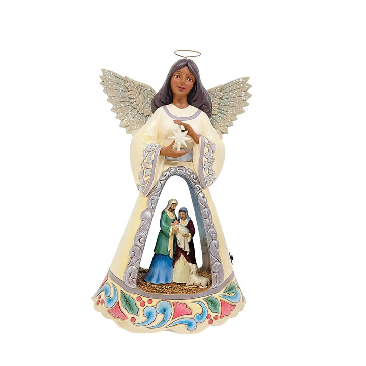 Jim Shore Heartwood Creek: White Woodland LED Open Scene Nativity Angel Figurine
