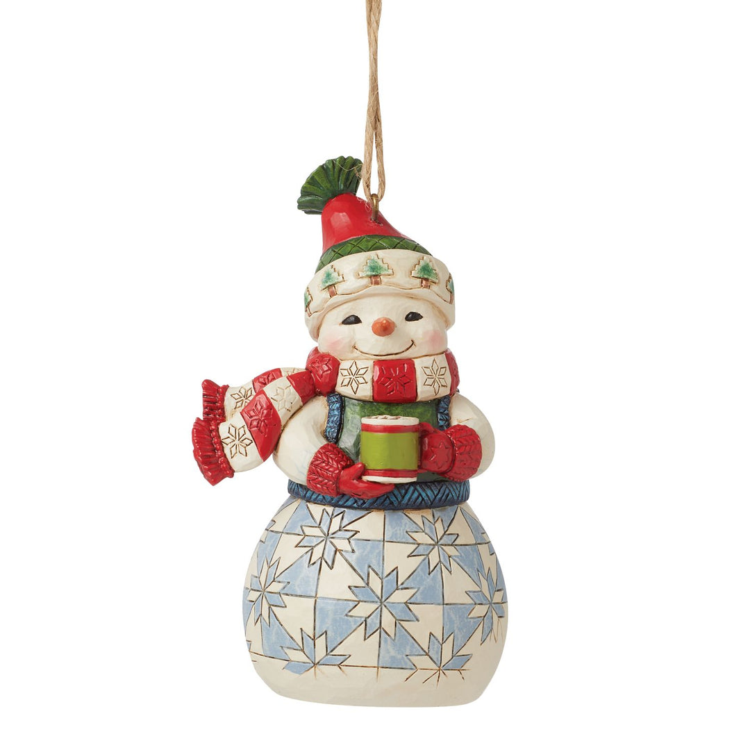 Jim Shore Heartwood Creek: Snowman Holding Cocoa Hanging Ornament sparkle-castle