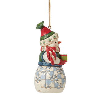 Jim Shore Heartwood Creek: Snowman Holding Cocoa Hanging Ornament sparkle-castle